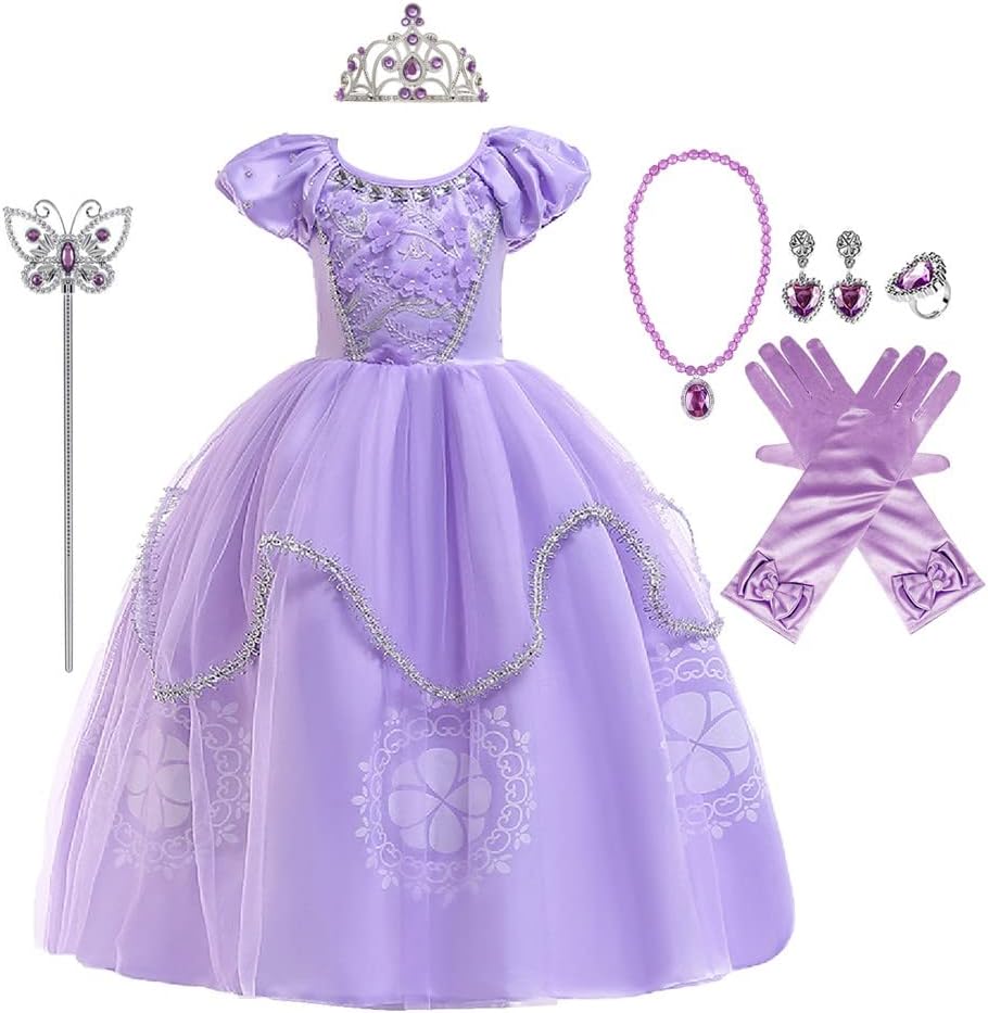 FMYFWY Girls Princess Sofia Fancy Dress Rapunzel Costume Kids Carnival Cosplay Halloween Christmas Wedding Birthday Pageant Long Prom Holiday Ceremony Party Ball Gown (Accessories)