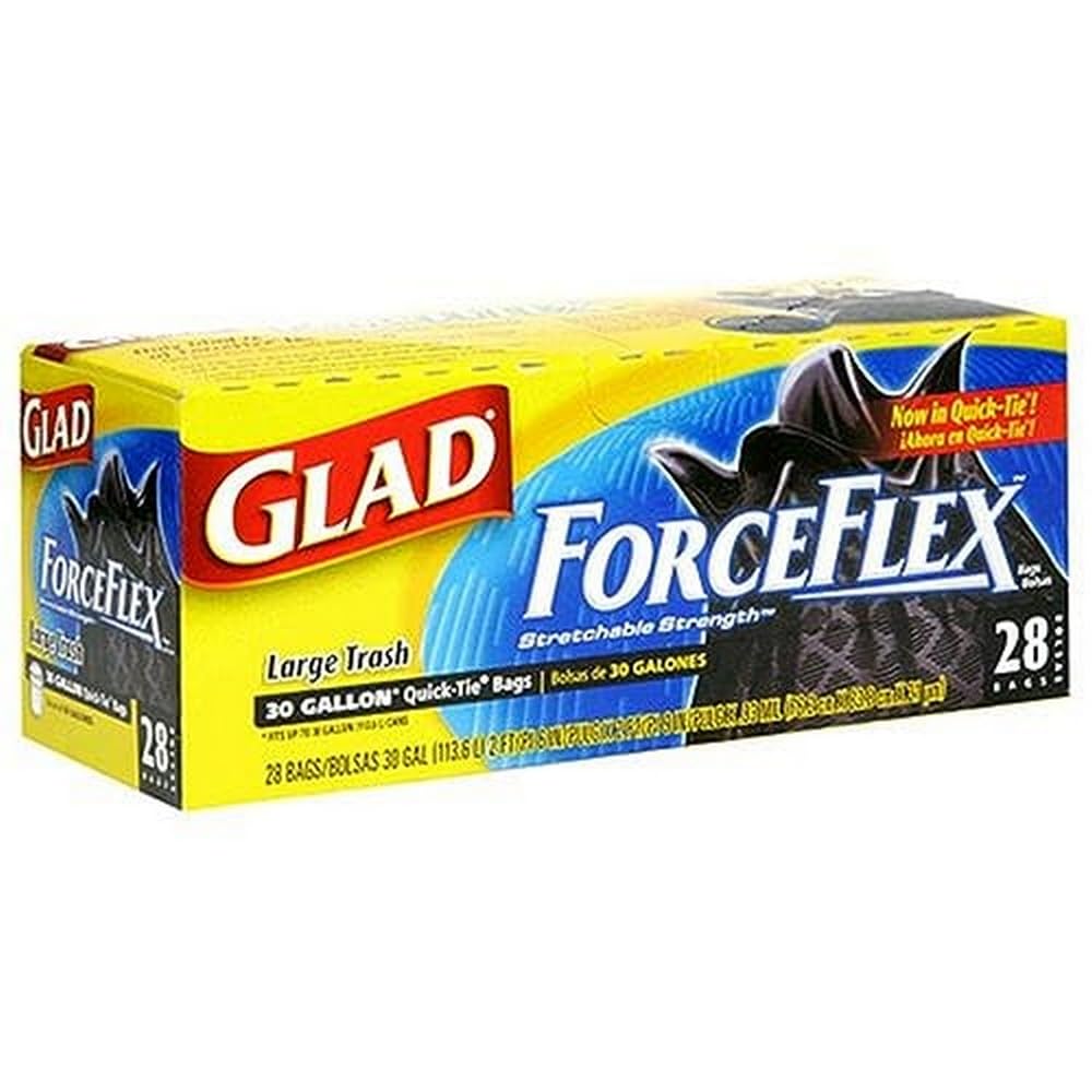 QuickTie ForceFlex Bags by Glad – One Size, 30.0 gallons, ForceFlex, Clear, Pack of 6