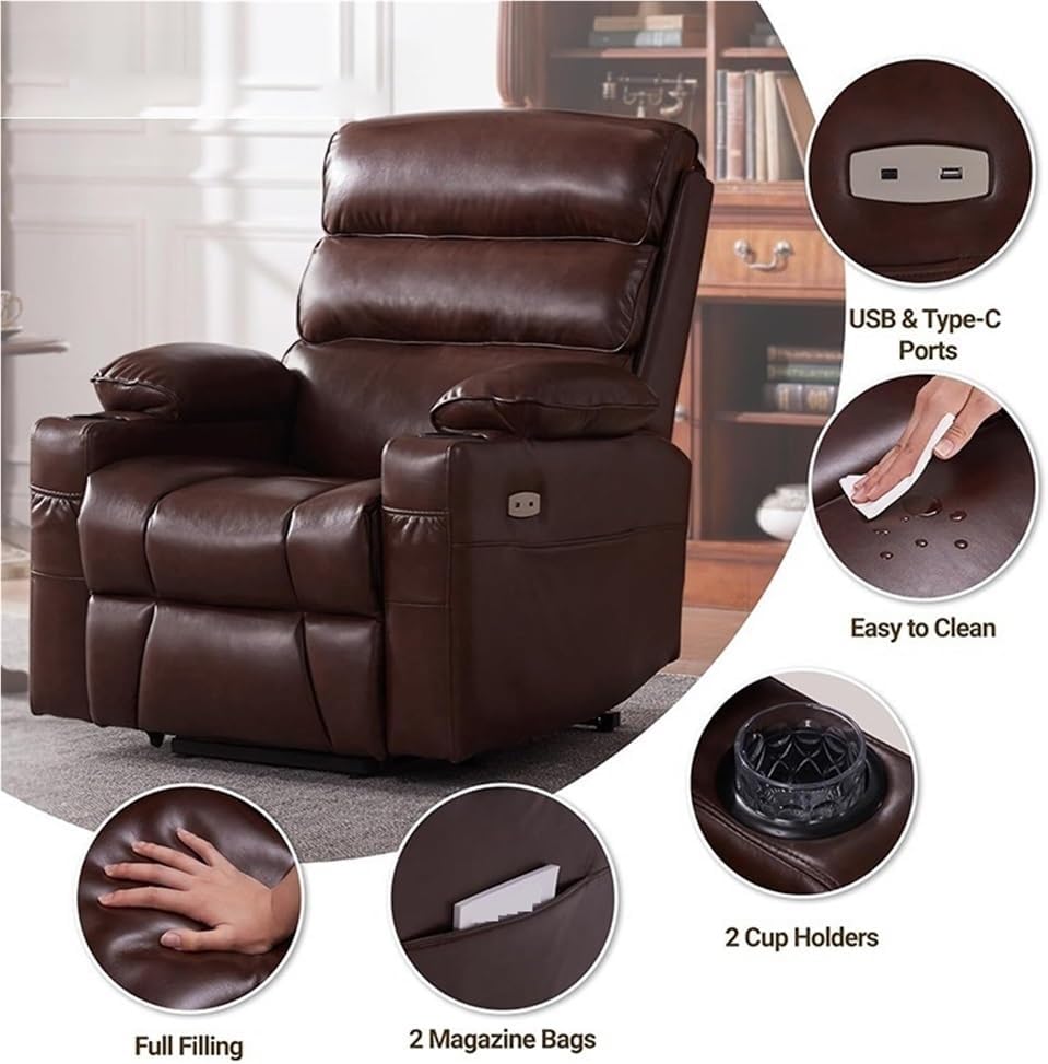 Elderly Electric Lift Recliner Chair Massage Heat Dual Motor Lift Brown PU Leather Single Sofa with Memory Electric Seat for Home Living Room