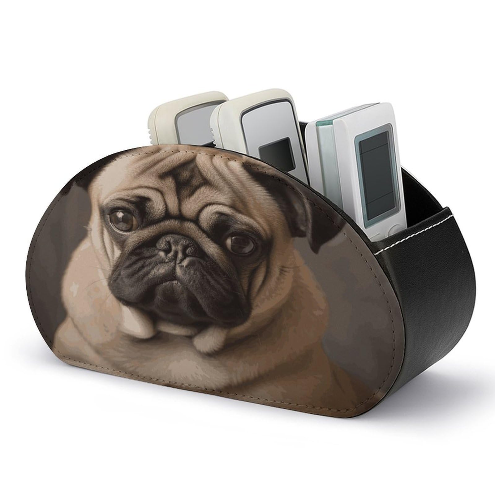 JTREHY Animal Pug Dog Remote Control Holder 5 Compartments Remote Caddy Tray PU Leather TV Remoter Storage Box Bedside Table Storage Organizer Office Desk Storage Case