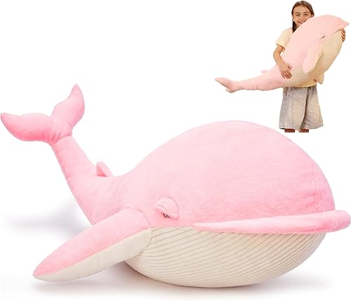 Miniatura 18 de Tezituor Animal de peluche de ballena gigante de 43.3 pulgadas, grande y realista de ballena azul, juguete de peluche de ballena suave de 4 pies