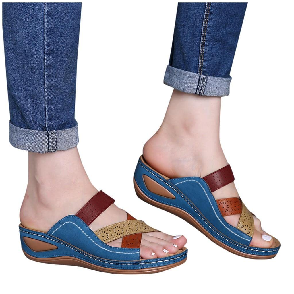 Summer Sandals for Women Dressy Bohemian Flower Wedge Flip-Flops Sandal Slip On Comfort Roman Shoes Beach Sandal