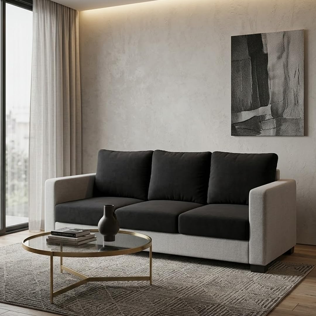 FURNY Haster 3 Seater Fabric Sofa Set (Black-Light Gray) with Velvet Finish | Durable Comfort | Ideal for Living Room