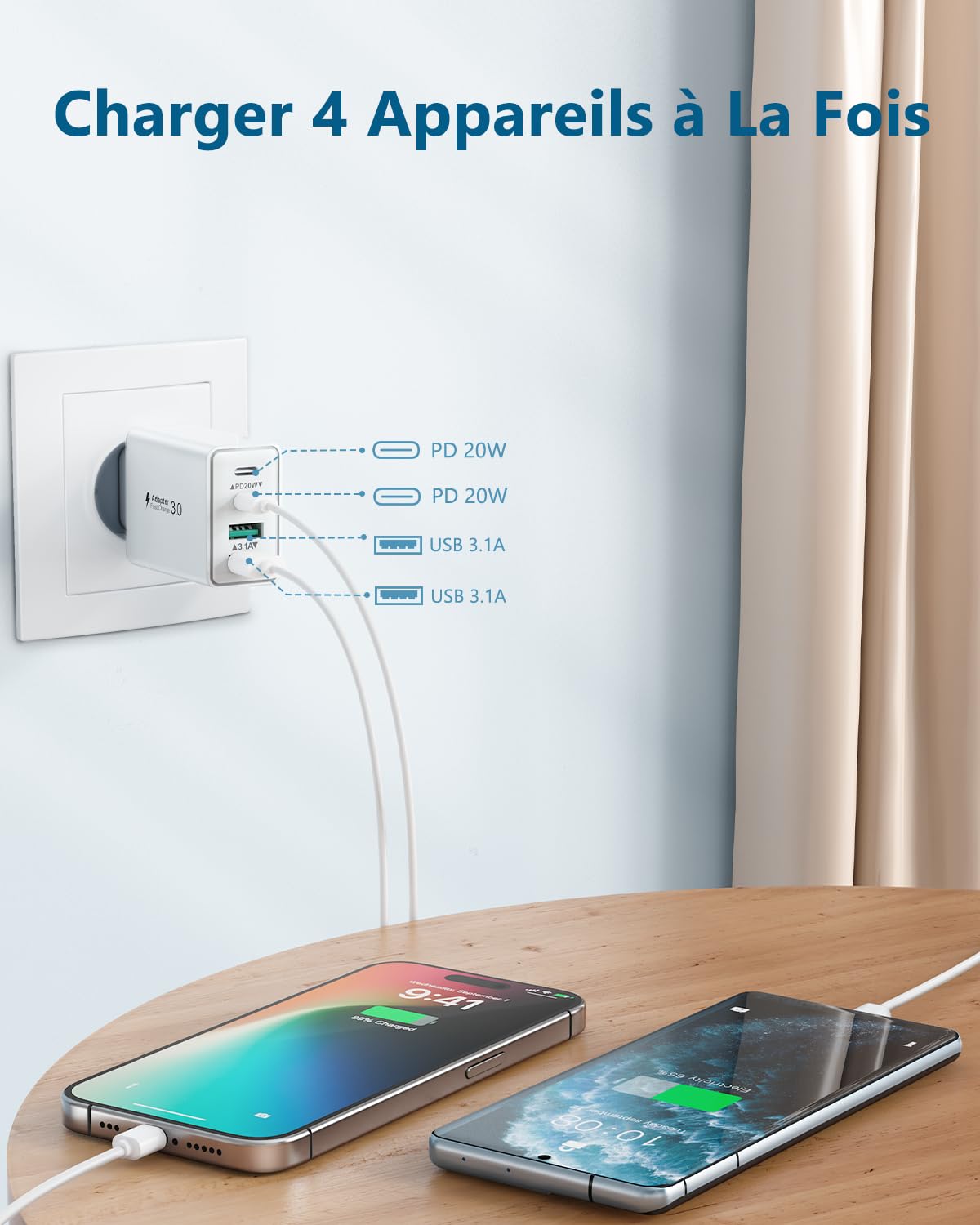 Chargeur USB C 40W 4 Port Prise Rapide Secteur PD QC 3.1A Adaptateur pour iPhone Samsung Galaxy iPad
