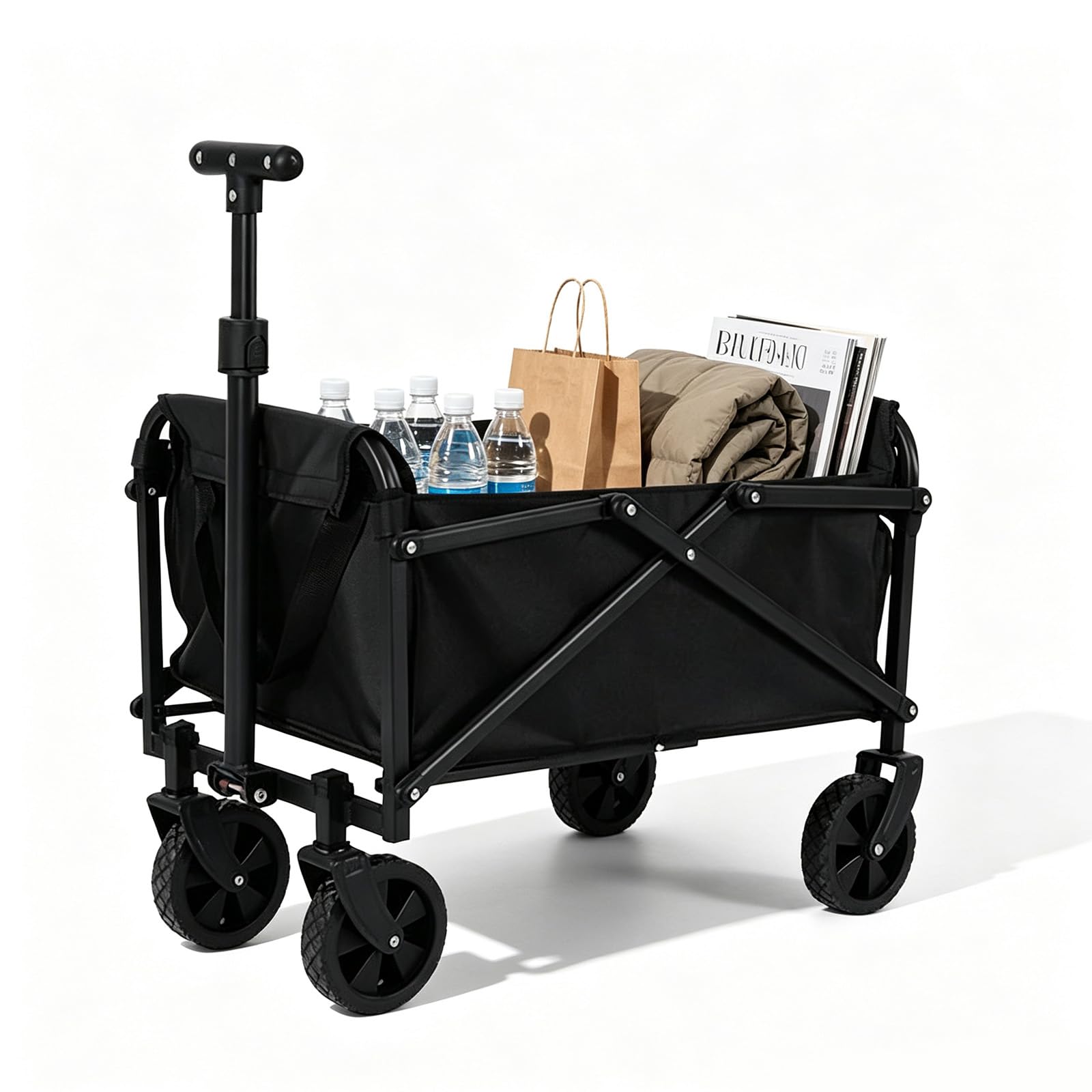Heavy Duty Folding Wagon On Wheels,40KG Load Capacity Portable Garden Beach Cart,Adjustable Handle Collapsible Trolley for Picnic Shopping Fishing Outdoor Use
