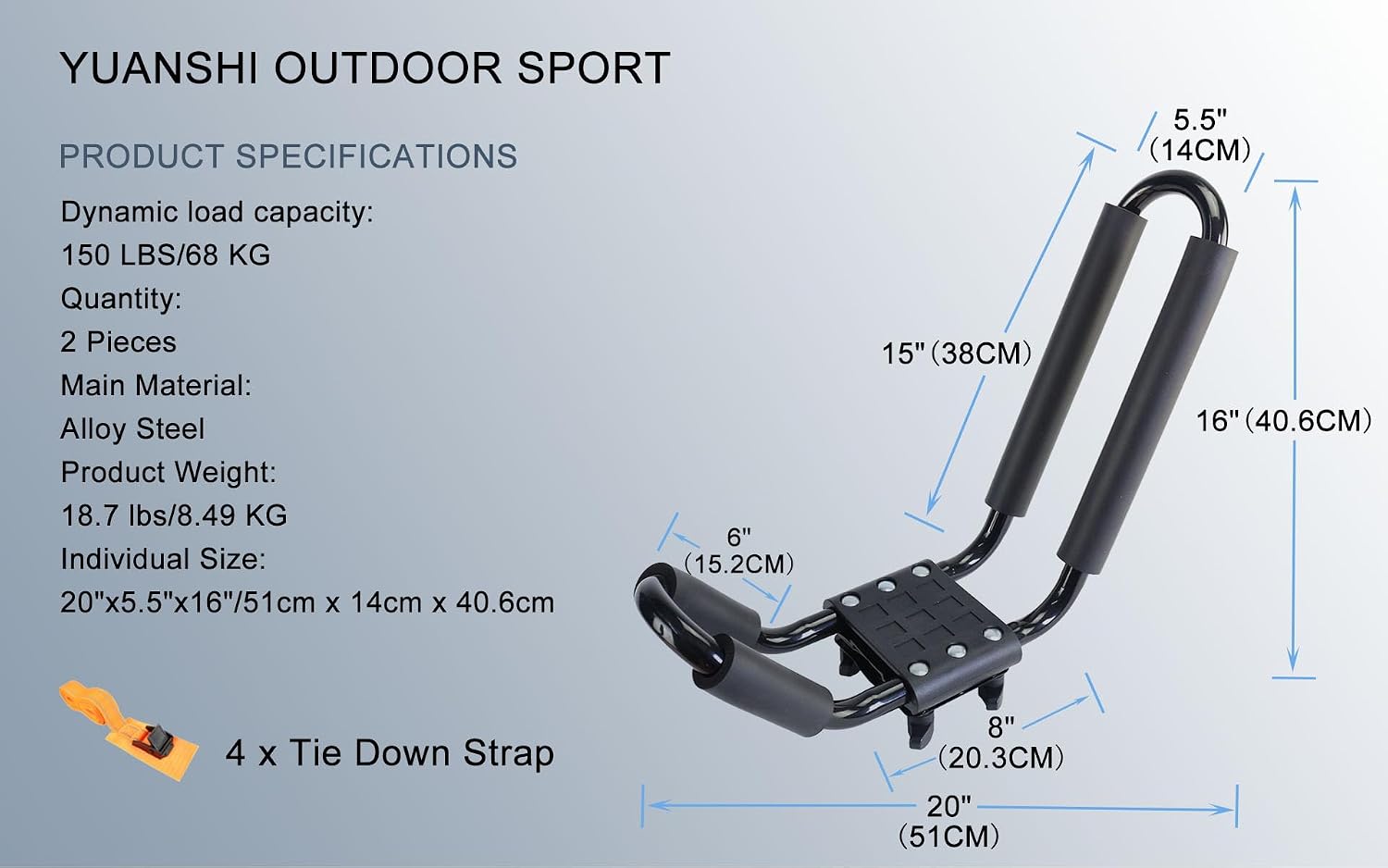 Kayak Roof Rack 2 Pairs Heavy Duty J-Bar Carrier Holder for Canoe, SUV, Cars, Truck, Surf Ski, Tie-Mount on Car Roof Top Crossbar for Trip - Includes 8 Pcs Ratchet, Set of 4 image 2