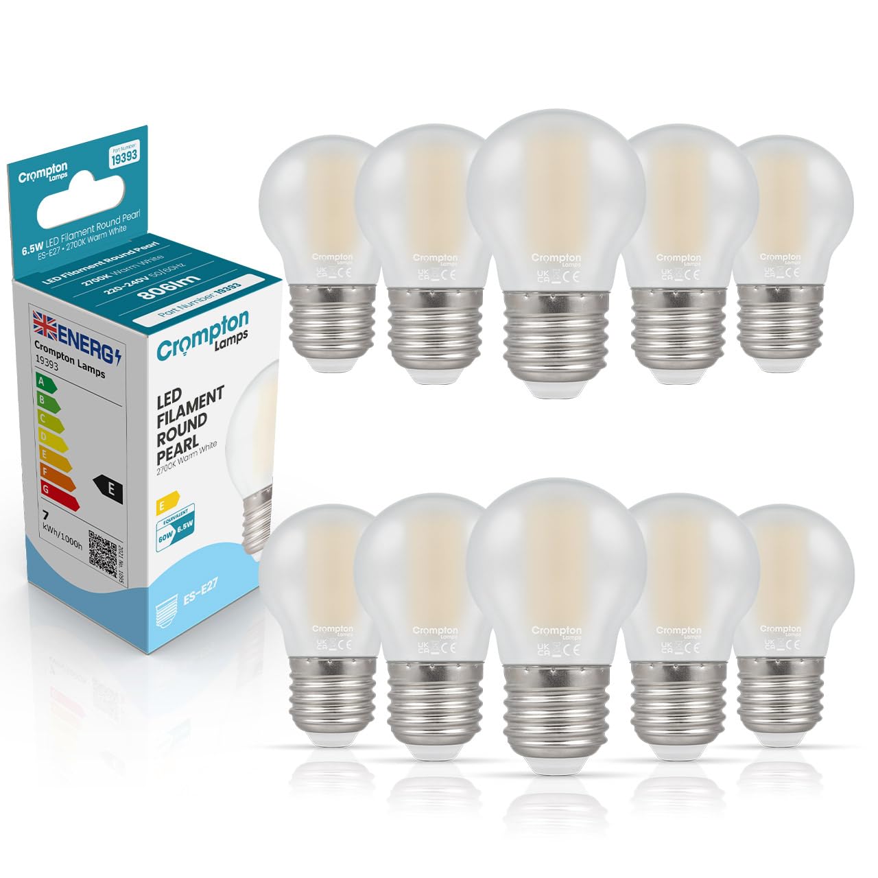 Crompton Lamps Filament Golfball LED Light Bulb ES-E27 | 6.5W = 60W Equivalent | Warm White 2700K | Energy Efficient | Edison Screw Lightbulb | Long Life 15,000-Hrs | Pearl Glass | 10-Pack