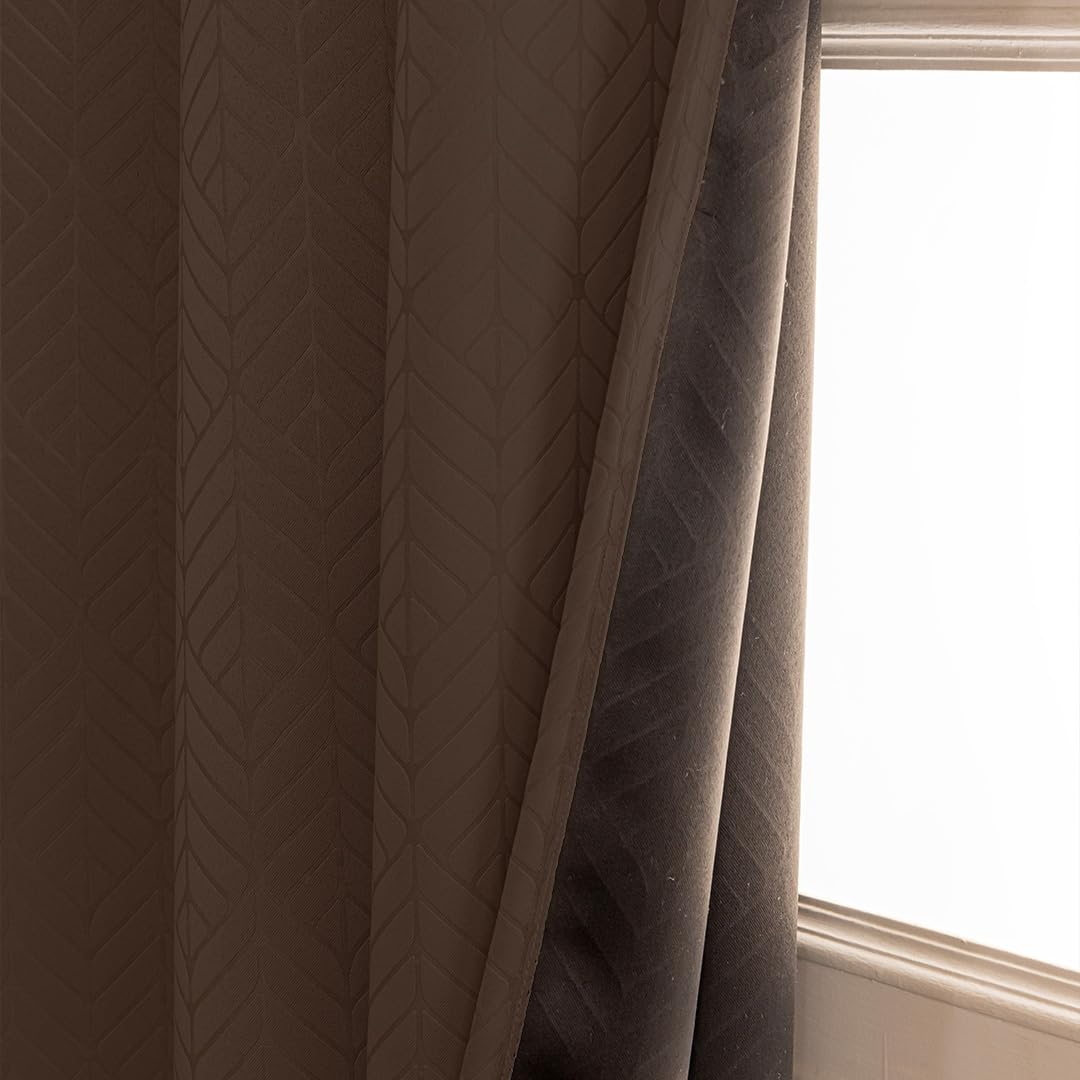 HOMEMONDE 100% True Blackout Curtains 5 Feet Window - Pack of 2 Curtains, Embossed Panels Light Block Thermal Insulated & Noise Reducing Room Darkening Curtains (Brown, 60Inch)