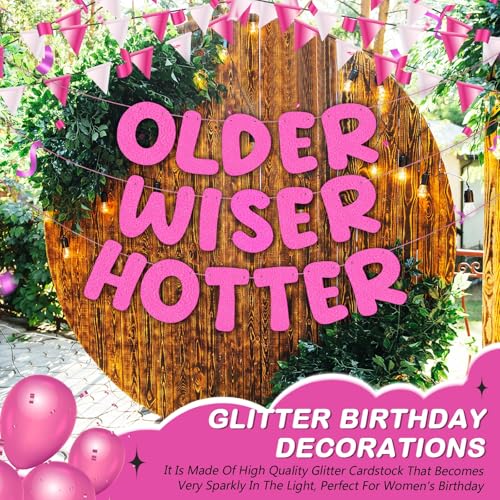 Image of Fulmoon Set of 3 Pre Strung Older Wiser Hotter Glitter Banner Funny Birthday Banner for Women 30th 40th 50th 60th 70th 80th Birthday Party Decorations Sign Gift(Light Pink)