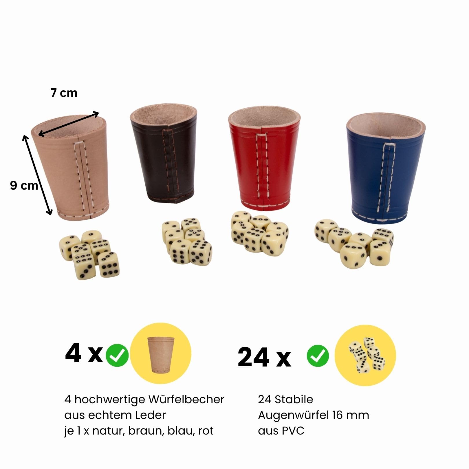 GICO Leder Würfelbecher Standard (9 cm) mit 6 Würfeln im 4er Set bunt - 5908 (Packung mit 2)