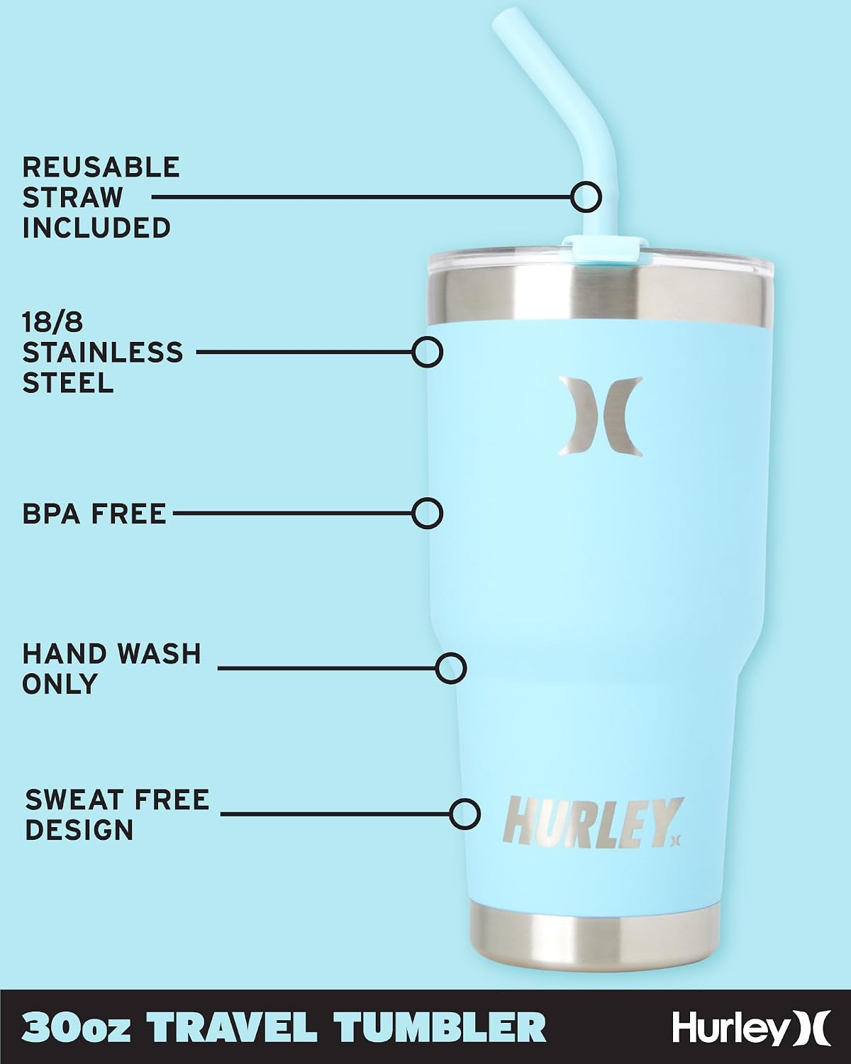 Hurley Tumbler Thermos – 30oz Double Wall Vacuum Insulated Travel Mug – BPA Free Stainless Steel Water Bottle – Leak Proof Hot and Cold Coffee Car Cup, Size 30 oz, Ice Blue