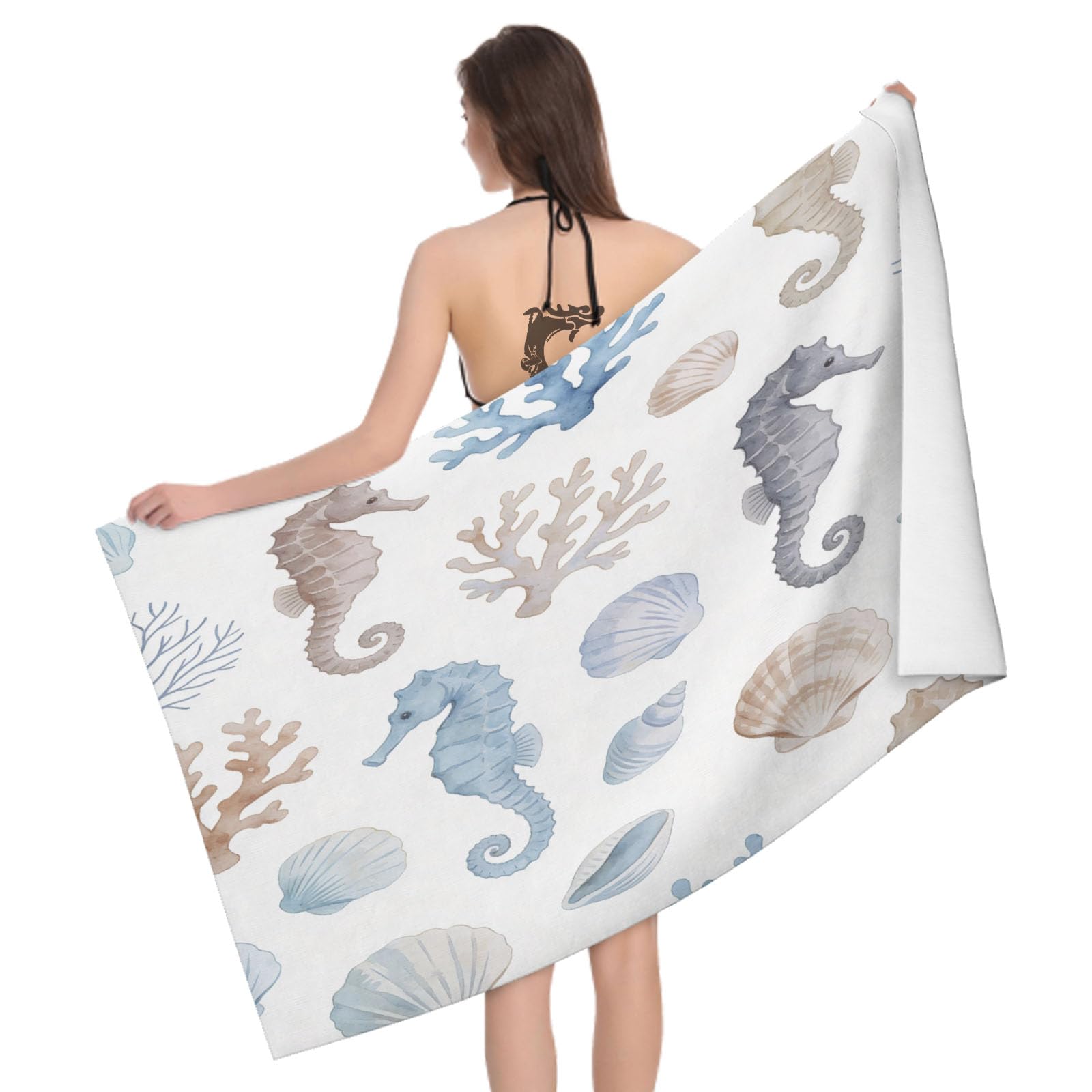 Leichong 3D Seahorse Coral Reef Beach Towel Microfiber Soft Quick Dry for Adults, Minimalistic Bath Towel Lightweight Soft Absorbent for Travel Swimming Pool Sports, 75 x 150 cm