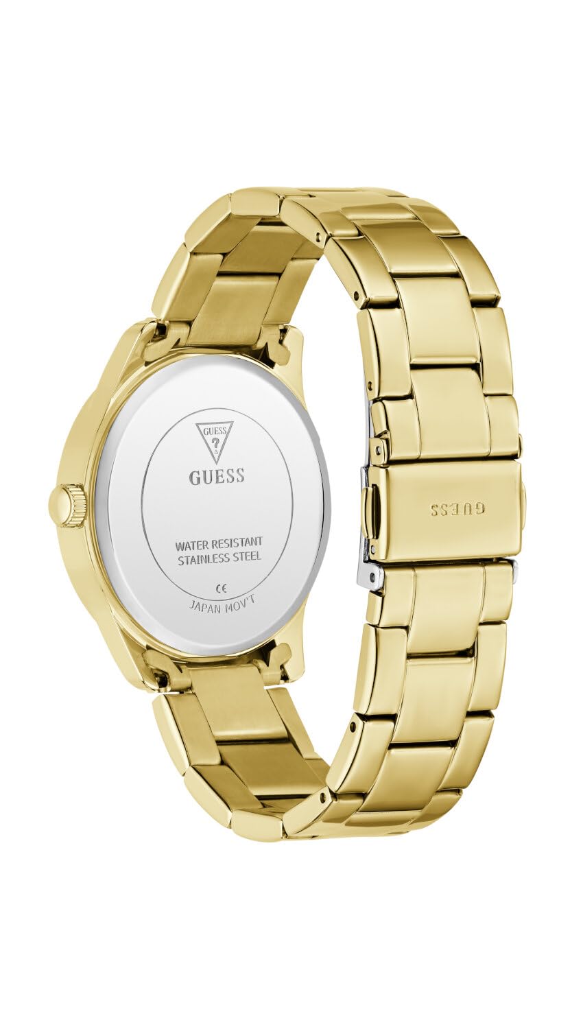 Guess Damen Armbanduhr Roxy mit Zirkonia, goldfarbenes Edelstahlarmband, Mineral Glas, goldfarbenes Ziffernblatt, 3 Bar, Gehäusedurchmesser: 36 mm, GW0987L2