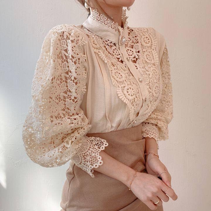 Women Vintage Lace Floral Shirt Elegant Boho Button Down Long Sleeve Victorian Blouse Dressy Casual Fashion Top - Image 4