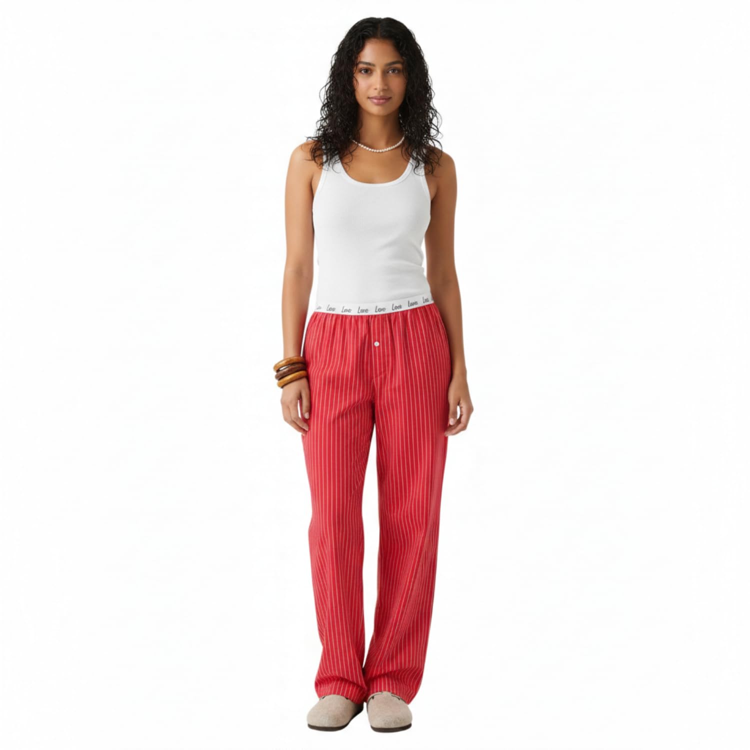 covera Pink Stripe Cotton Lounge Pants for Women | Soft Breathable Relaxed Fit Pajama & Loungewear Bottoms | Elastic Waistband with Love Detail | Comfortable Home Wear Sleepwear Pants-picture-10