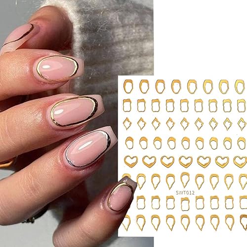 12 Sheets 3D Gold Laser Frame Graffiti Line Stripe Stickers For Nails Abstract Geometric French Fashionable Designs Manicure Sliders Sparkly Holographic Decorations Accessories And Tools Stick-On Nails #TOP3
