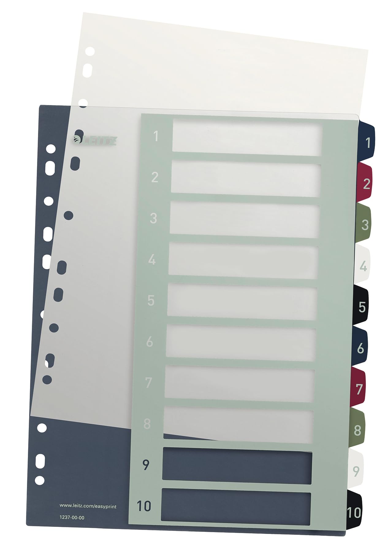 Leitz 12370000 - Separadores para A4, 10 unidades, portada para escribir en PC y 10 separadores, con números del 1 al 10, ancho grande, blanco/multicolor, polipropileno, estilo, 12370000