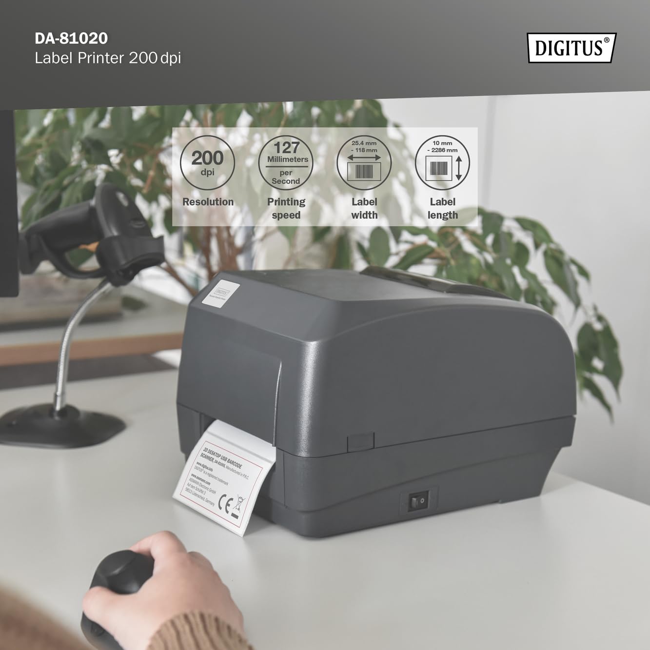 DIGITUS Stampante per etichette a trasferimento termico - 200 DPI - termica diretta - velocità di stampa 127 mm/s - porte USB 2.0, RS-232, Ethernet - lettore di schede SD