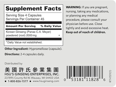 Hsu's SKU 1511 | Korean Ginseng Capsules 180 ct | Cultivated Wisconsin Korean Ginseng Direct from Ginseng Gardens | 180 | 500 mg 180 ct Capsules Bottle