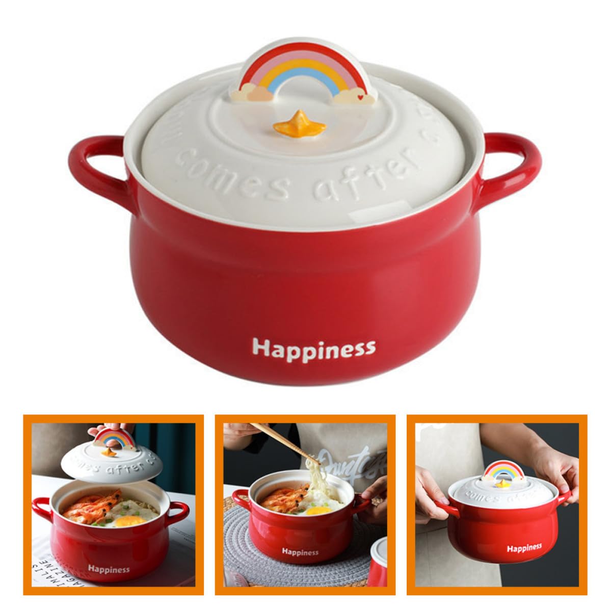 BETOOKY Tazón de Ramen con Tapa de Cerámica Roja, Cuenco para Sopa y Fideos, Diseño Decorativo y Apto para Cocina en Casa y Hoteles