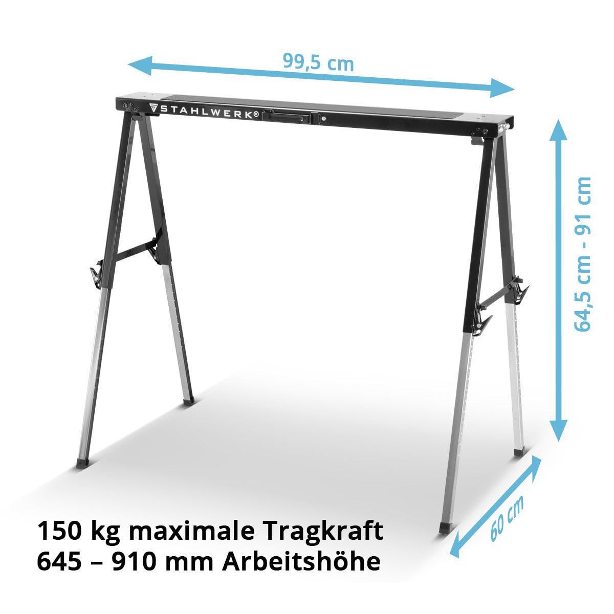 Caballete STAHLWERK SB-910 ST en un juego de 2 caballetes de metal con recubrimiento de polvo, altura ajustable de 645-910 mm, capacidad de carga de 150 kg y superficie antideslizante