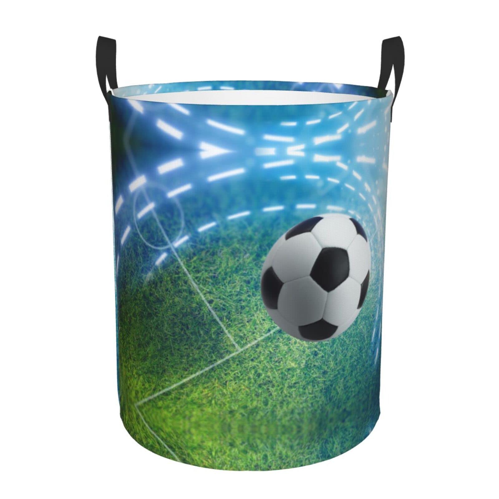 Esasam Black Soccer Sports Ball Print Round Laundry Basket With Handles Waterproof Laundry Hamper For Bathroom Circular Storage Basket