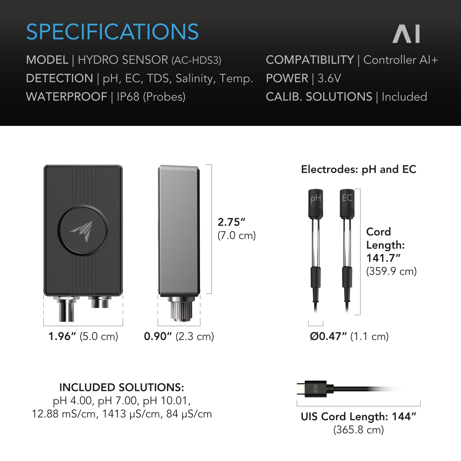AC Infinity Sensor hidráulico, sensor ambiental para controlador AI+, gestión de pH, EC, TDS y temperatura del agua para tiendas de campaña, desbloquea automatizaciones para programación de equipos en