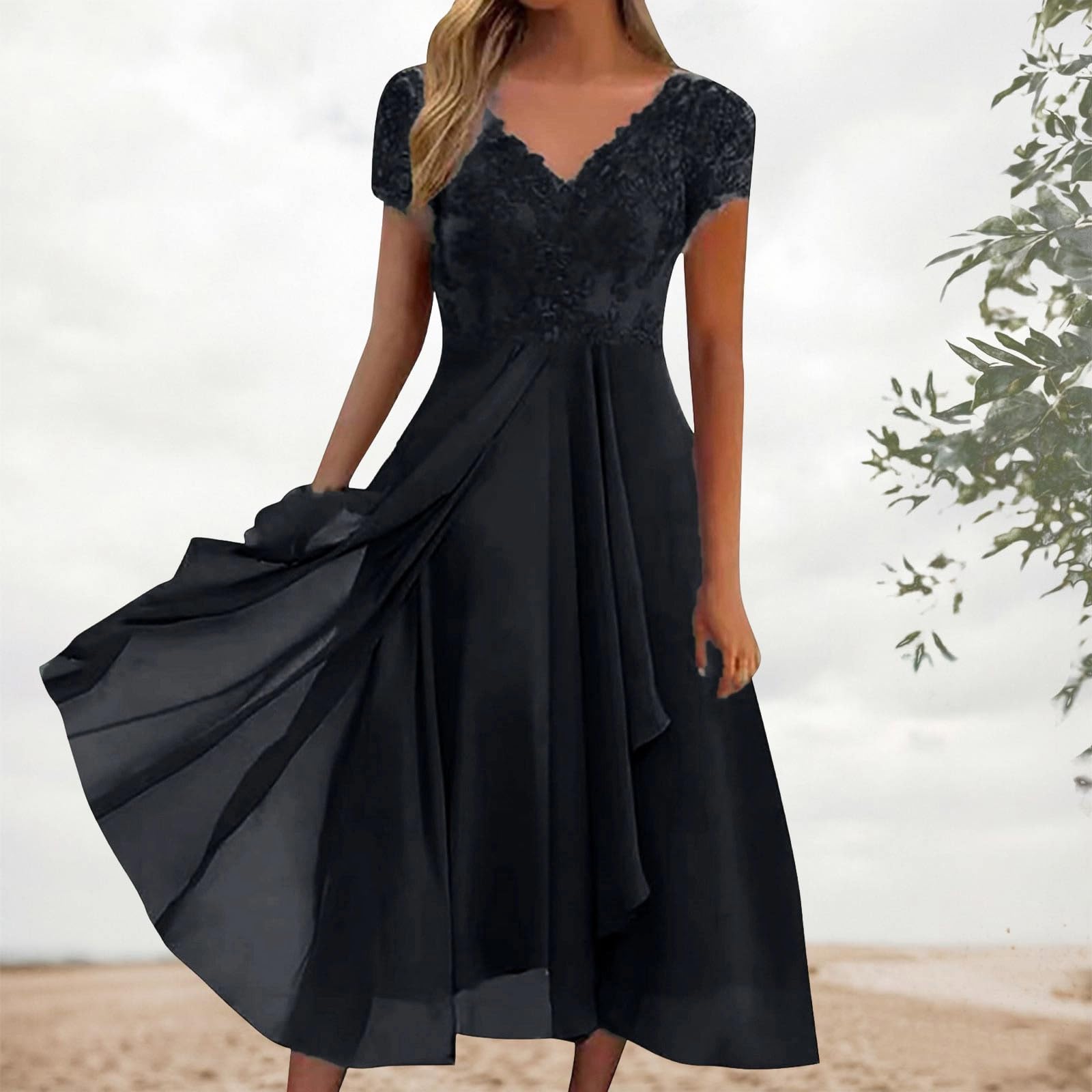 Robe Dentelle Longue Femme Bohème Robe Femme Ete Chic Et Élégante Sexy Col En V Manches Courtes Longue Classique Couleur Unie Demoiselle D'Honneur Mariage Invité Ceremonie Princesse Vacances