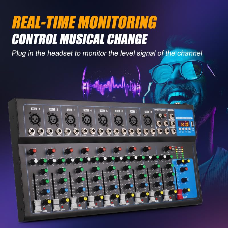 Doslnlya GH10 Bluetooth Compatible Professional Mixer with 10 Channel Audio Interface - Karaoke Music App for Recording DJ Stage with USB Drive BT (GH10)