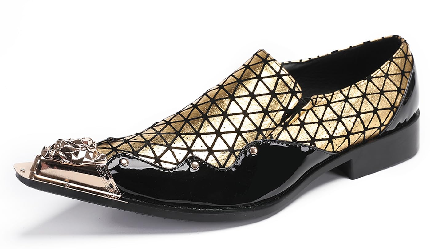 Santimon Mens Loafers Party Dress Slip On Disco Shoes -Wedding Casual Two Tone Leather Penny Loafers- Tuxedo Plaid Metal Tip Toe Shoes for Men Boys