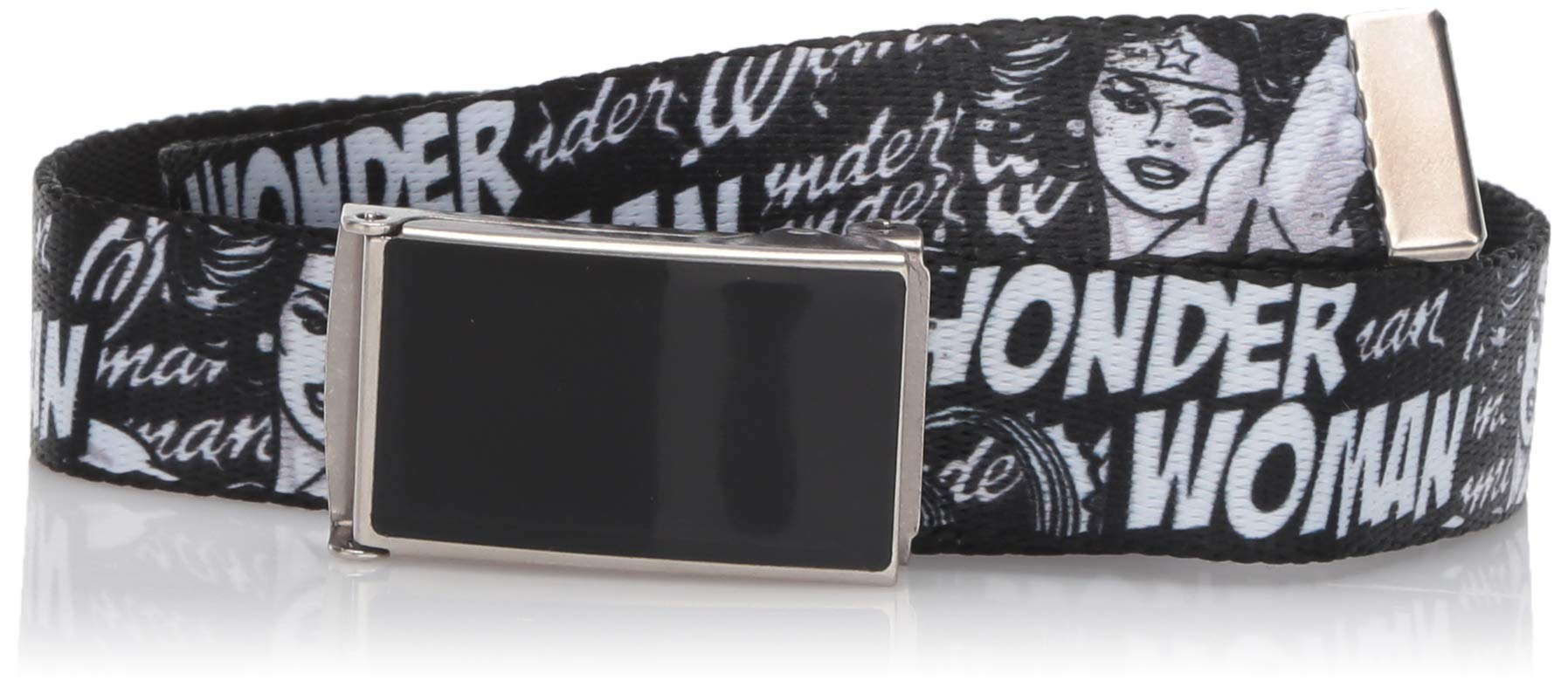 Buckle-Down Web Belt, WONDER WOMAN Action Pose/Text Collage Black/White/Grays, 1.0