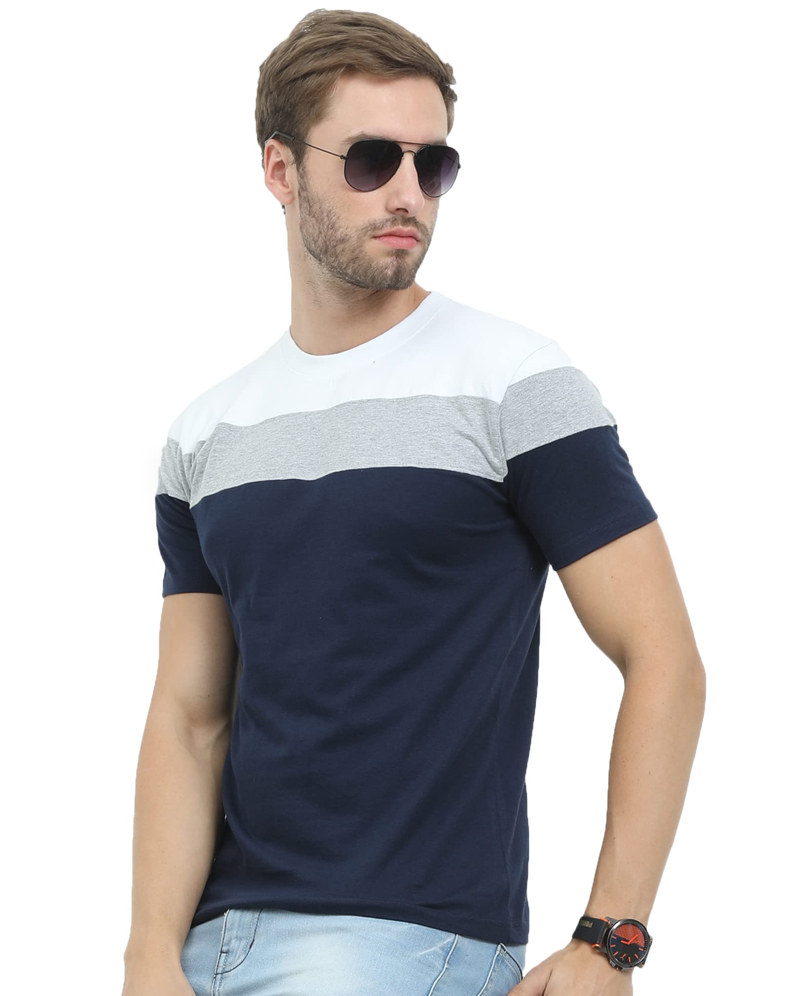 REYAMens Cotton Half Sleeve Regular fit Round Neck Blue, White T-Shirt