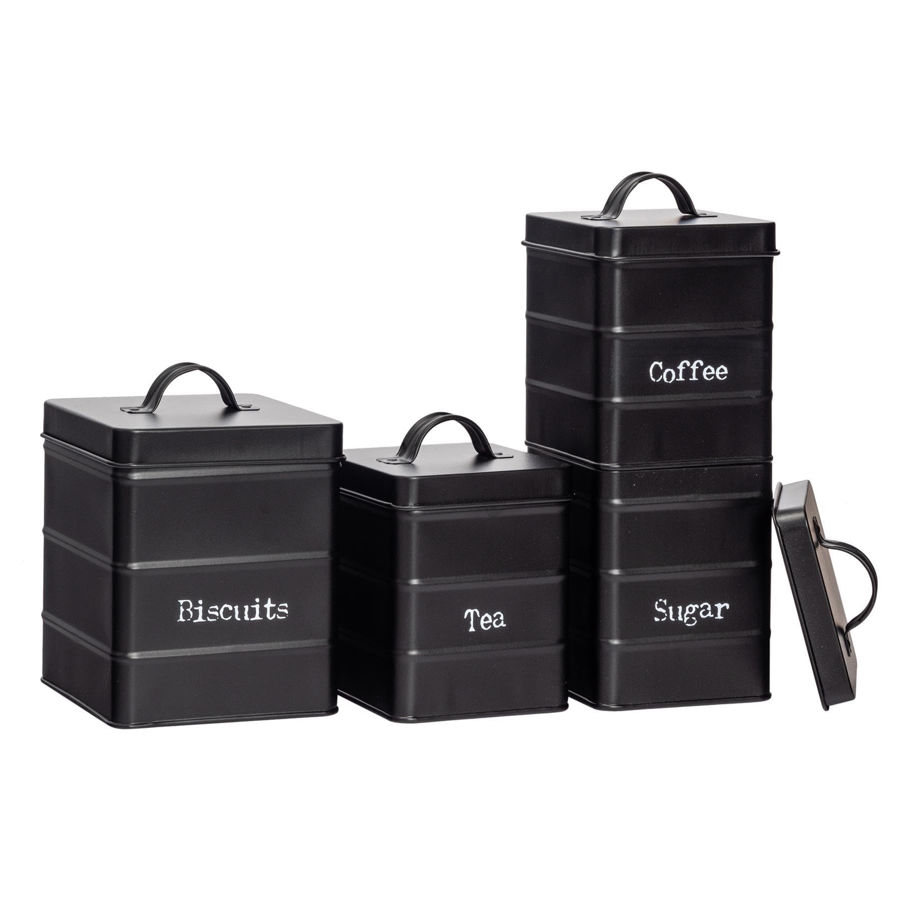 Harbour Housewares Metal Kitchen Canisters Set - Black - 4pc Set - Vintage Loose Tea Coffee Beans Granulated Sugar Storage Container Biscuit Tin Caddy Kitchen Storage with Airtight Lid