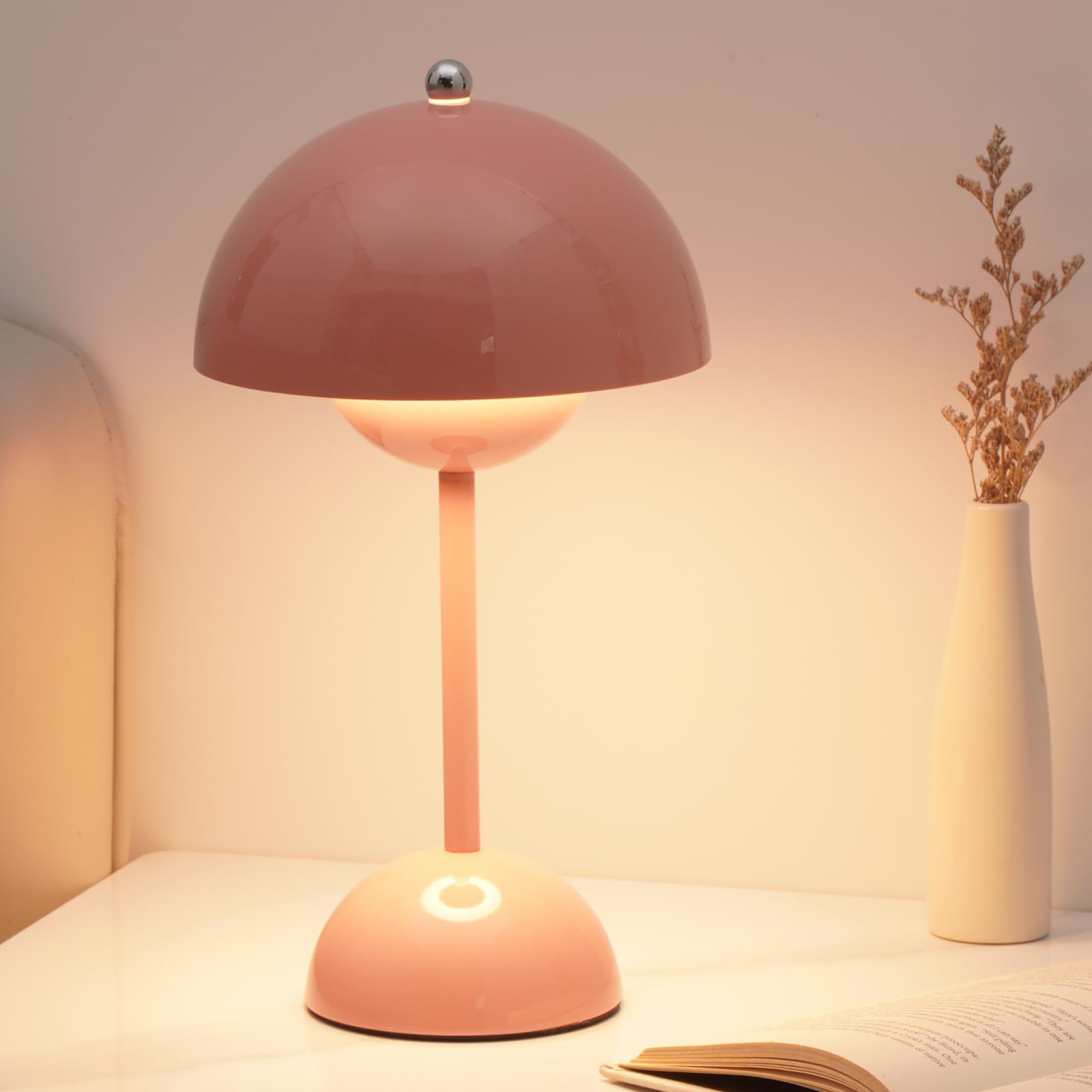 Nusogon Decorative Table Lamp, Modern Mushroom Shaped, Pink Metal, Touch Control, Dimmable, Rechargeable, Cordless, Indoor/Outdoor