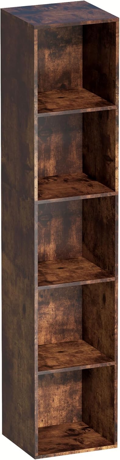 5 Cube Storage Unit, Freestanding Open Shelf Tall Narrow Bookcase, Brown