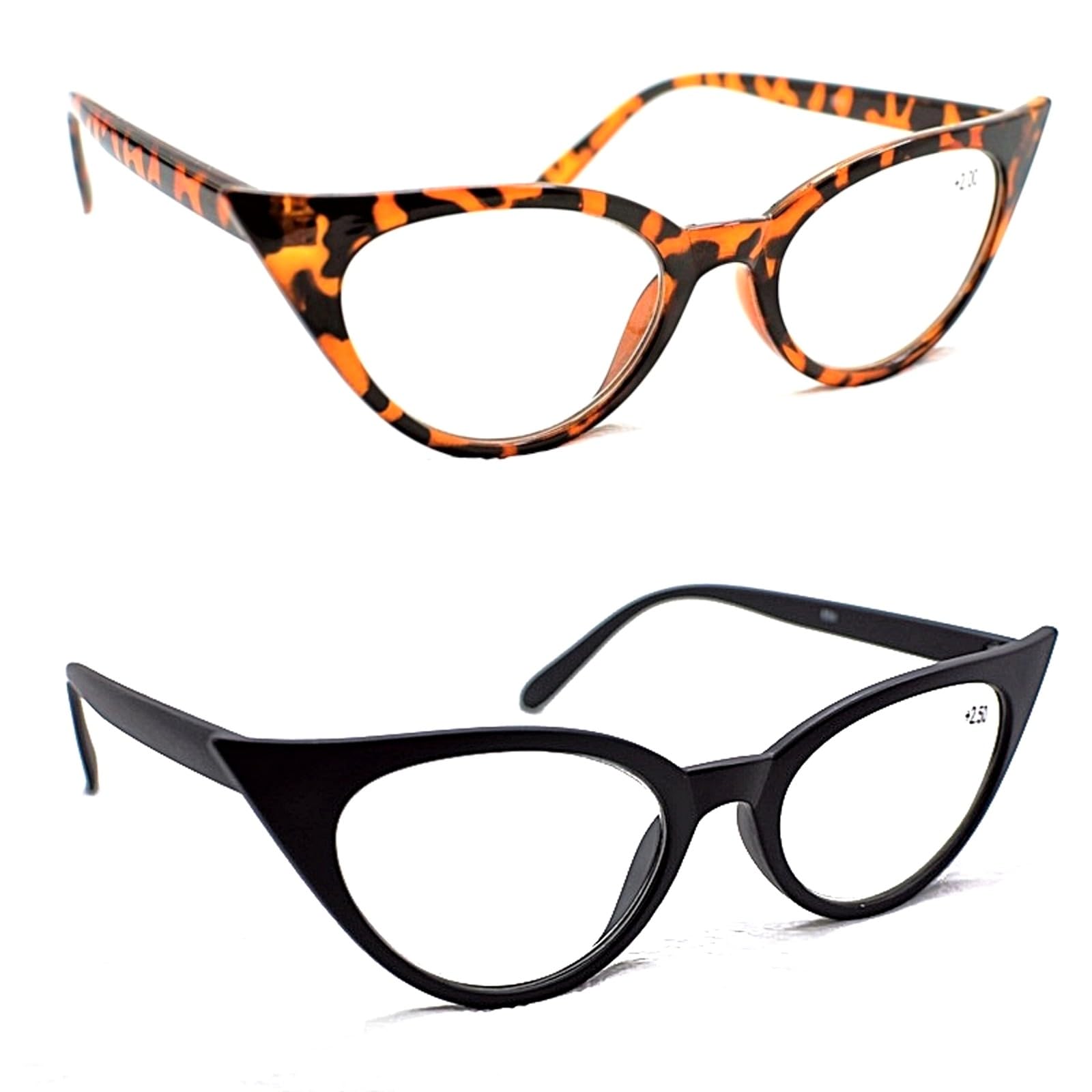 Fads & Fashions Women's 2 Pack - Matt Black & Tortoise 2 Pairs Mix N Match Cat Eye Reading Glasses Retro 1960S Metal Hinges Mt57 (, 1.0, X)