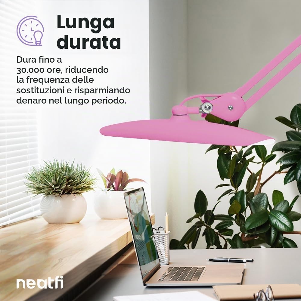 Neatfi XL Lampada da Scrivania LED 2200 Lumen 24W con Morsetto – Illuminazione Senza Ombre | 4 Livelli di Intensità | Ufficio Domestico e Hobby | Testa Larga 50 cm (Rosa, Non-CCT con morsetto)