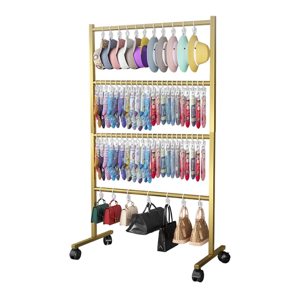 YNBSHGAA Freestanding Hat Display Rack with Wheels, Easy Assembly for Retail and Home Use,Gold-80x40x160cm