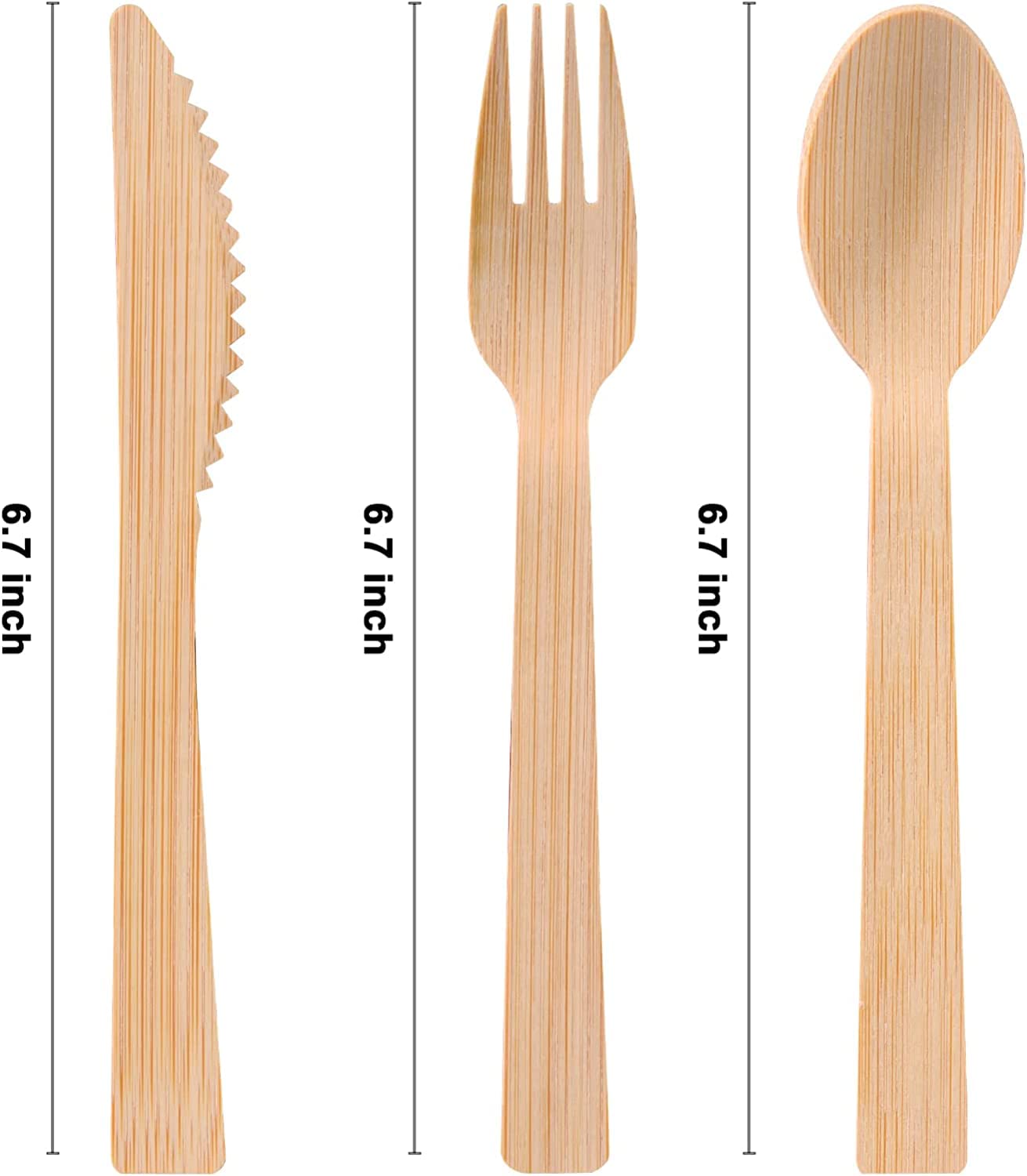 Set di 100 posate compostabili in legno di bambù, confezionate singolarmente, 100 confezioni di cucchiaio, forchetta e coltello, con fazzoletto di carta, biodegradabili