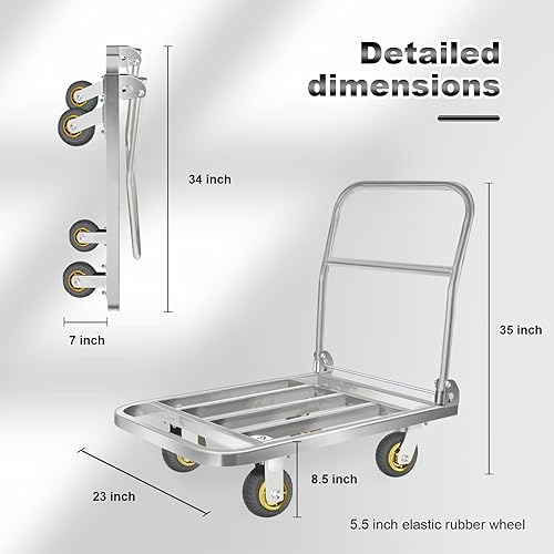 Miniatura 3 de Carro de tubo cuadrado de acero inoxidable de 660 libras, carrito de plataforma plegable de 35.43 x 23.62 pulgadas, rueda de goma elástica de 6