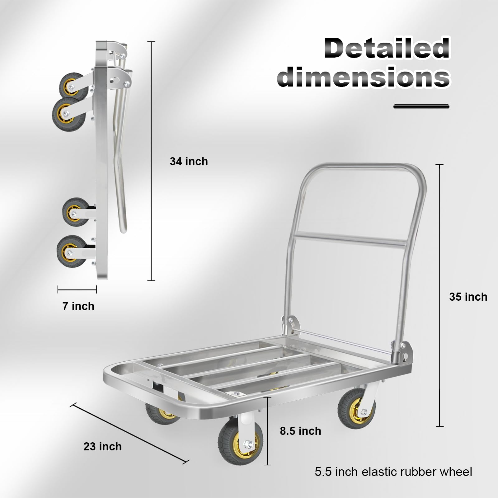 Faltbarer Plattformwagen, 299 kg, Edelstahl, Vierkantrohr, 90 x 60 cm, flacher Rollwagen, 15,2 cm, elastisches Gummirad, für Lager, Transport, Lebensmittel, robuste Handkarre