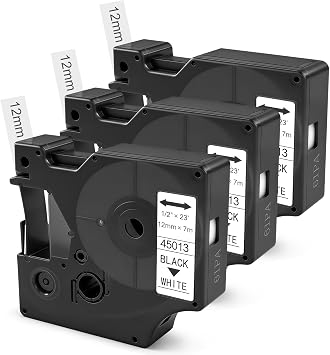 3Pcs Compatible with Dymo D1 Label Tape Refills 45013 A45013 S0720530, 12mm x 7m Black on White Label Maker Tape Replacement for Dymo LabelManager 160 210D 280 360D 420P 450D