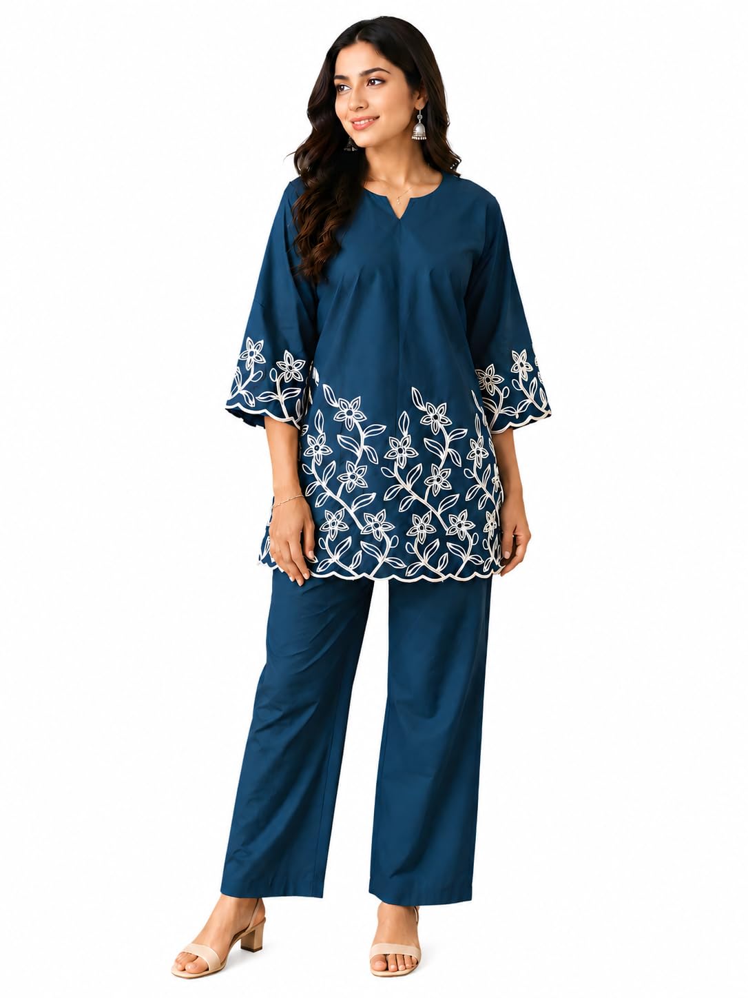 Women's Embroidered Co-Ord Set | Floral Embroidery Tunic Top with Palazzo Pants | Casual, Office & Ethnic Wear | Teal Blue-picture-53