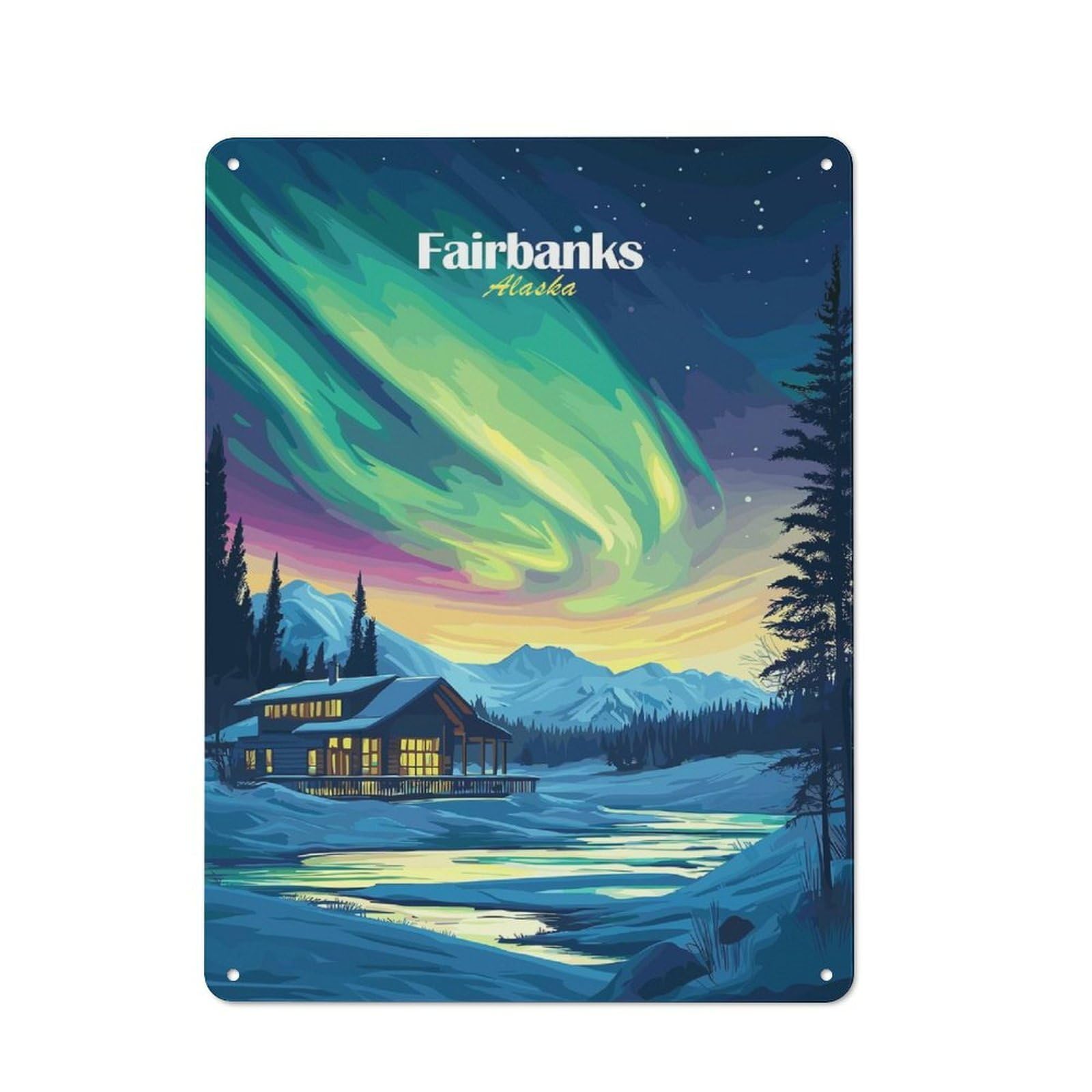 Fairbanks Alaska Aurora Borealis Tin Wall Sign 40x30cm, Retro Novelty Wall Art for Bedroom, Kitchen, Office Or Living Room