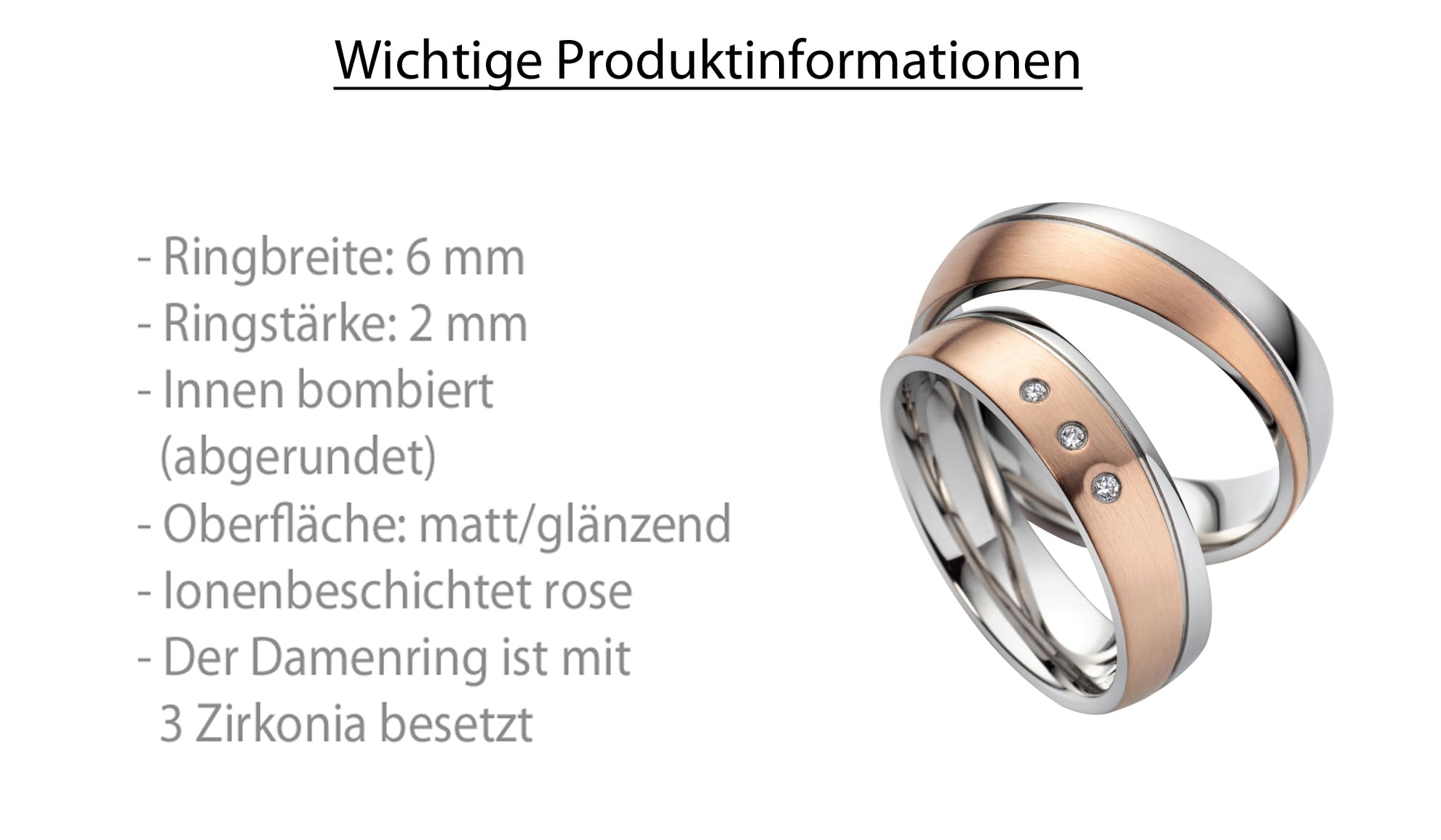 Paar Eheringe Partnerringe Verlobungsringe Edelstahl mit Zirkonia + Gravur Antragsringe Trauringe Eheringe silber rosé | 8012
