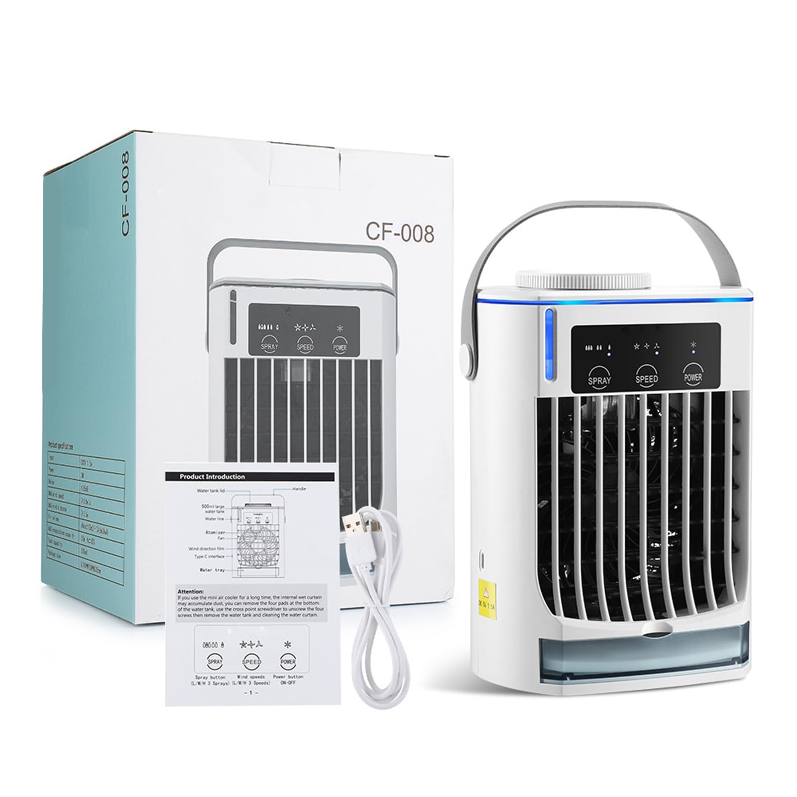 Fockety Mini Condizionatore, Raffrescatore Portatile A 3 Velocità, | Ventilatore e umidificatore 3 in 1, 3 velocità di ventilazione, filtrazione a carboni attivi, motore impermeabile, di