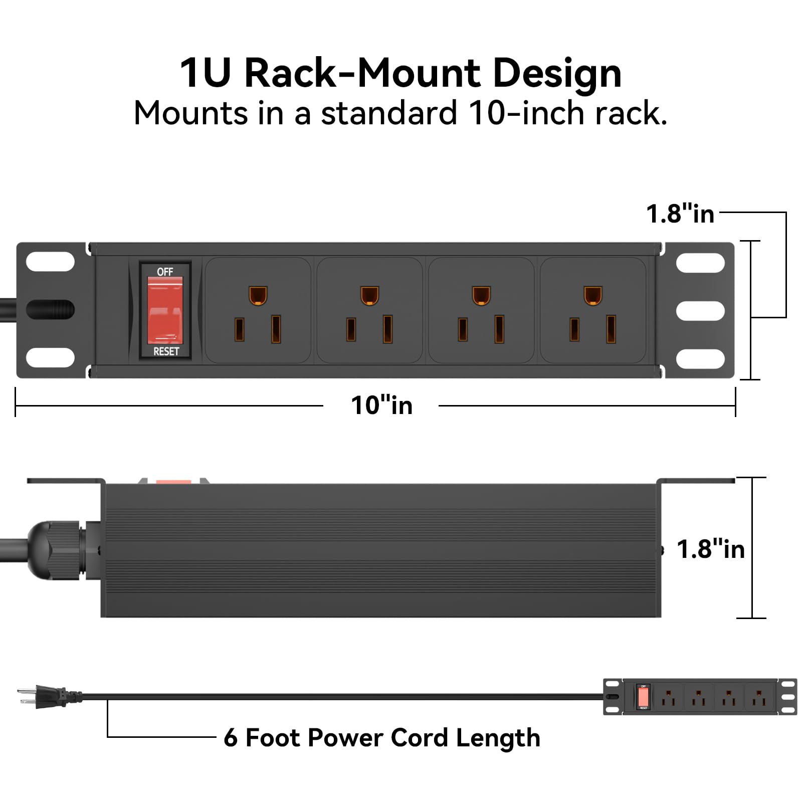 Unidad de distribución de energía para rack de 10 pulgadas, 1U (4 tomacorrientes) de 10 pulgadas, mini rack de 10 pulgadas, con protección (cable de 125 V/15 A, 6 pies), tira de alimentación para