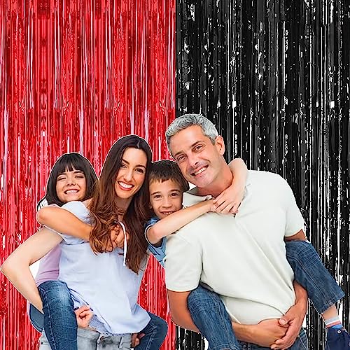 Image of TOYXE 6 Pieces Foil Fringe Tinsel Party Curtains for Photo Backdrop (BLACK-RED) | Fringe Curtains for Decoration | Foil Curtains for Birthday Decoration, Anniversary, Bachelorette, Valentines Day