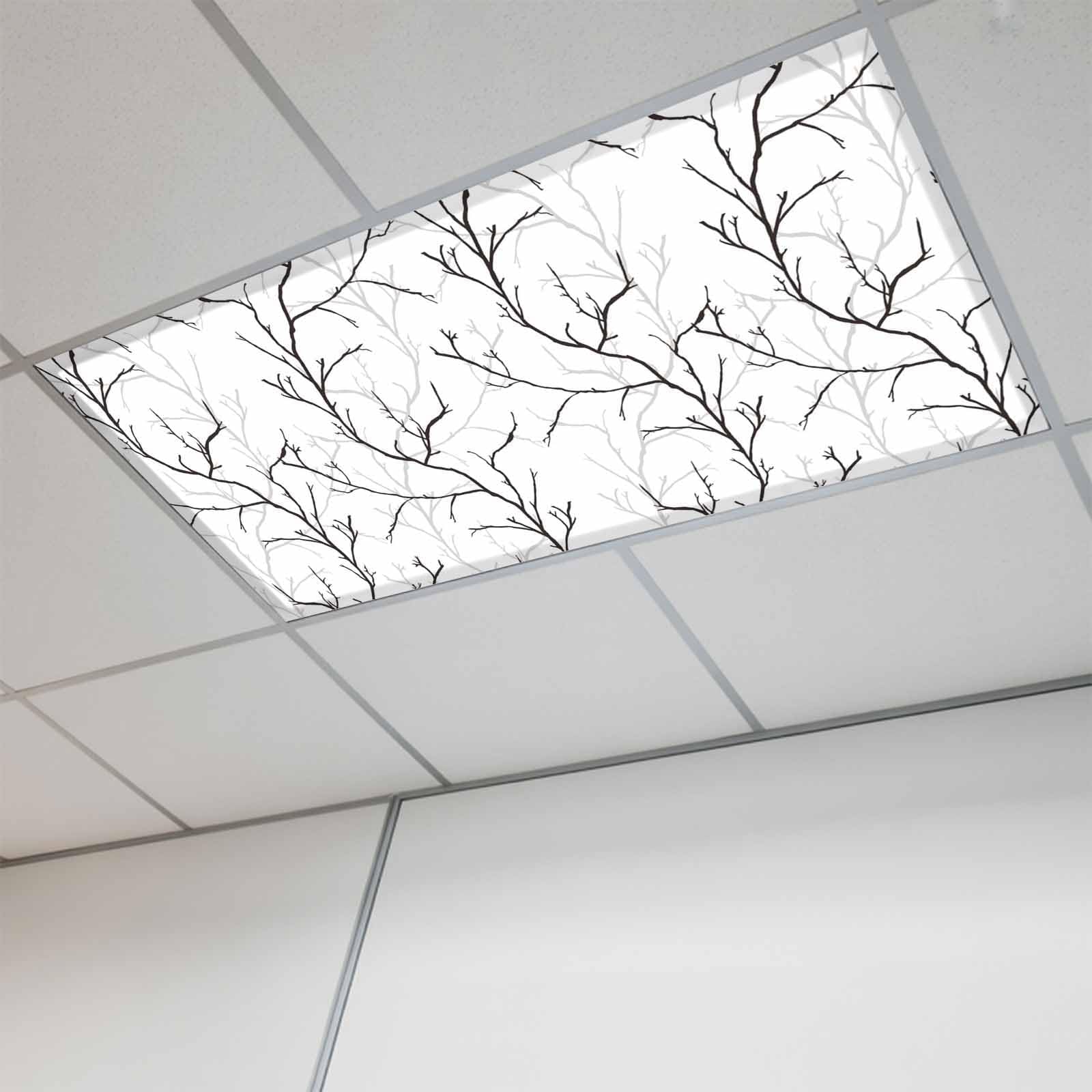 Black White Branches Magnetic Fluorescent Light Covers for Ceiling Lights 2 x 4 Feet, Vintage Art Farmhouse Office Classroom Kitchen Drop Ceiling Light Covers Lighting Filters Shade Panel 1 Pack