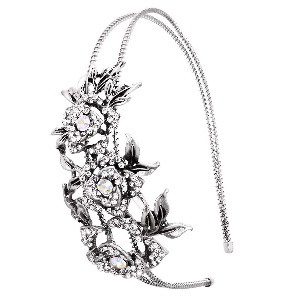Rosemarie CollectionsWomen's Stunning Split Double Row Detailed Rose Flower Crystal Rhinestone Statement Fashion Bridal Headband